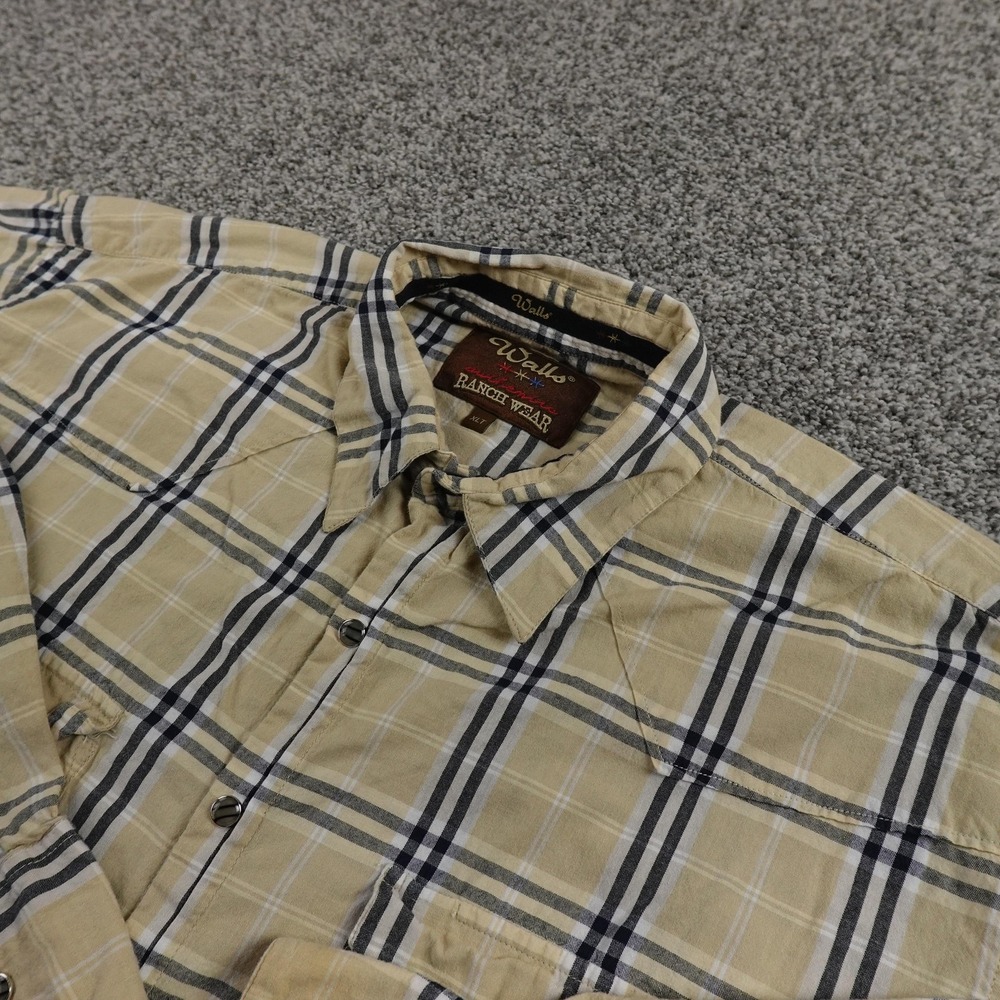 Walls Ranch Wear Shirt Mens XLT Beige Plaid Western Pearl Snap Cowboy Ranch Work